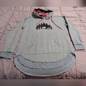 Maurices Frosted Green Hoodie w Velvet Forest & Bear Scene & Red Plaid Hood Sz L